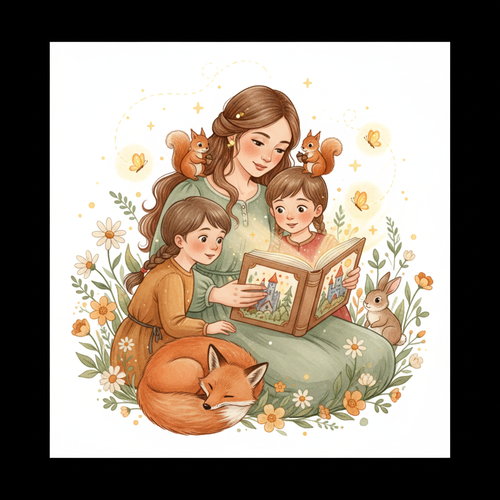 A mother reading a storybook to two children
